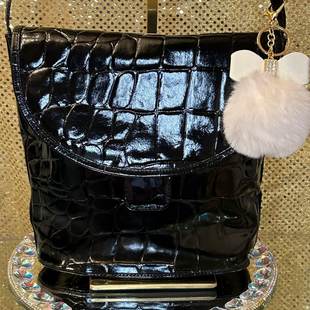 Sylvia Black Croc-Embossed Crossbody Bag w/Pom Pom Approx 10x9x 4 NWOT